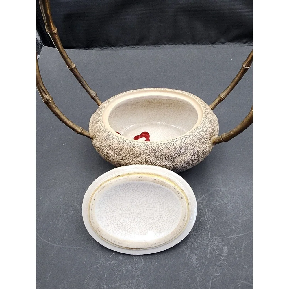 Castilian Porcelain Lidded Jar Sculpture Twisted Vine Design Brass Handle 10